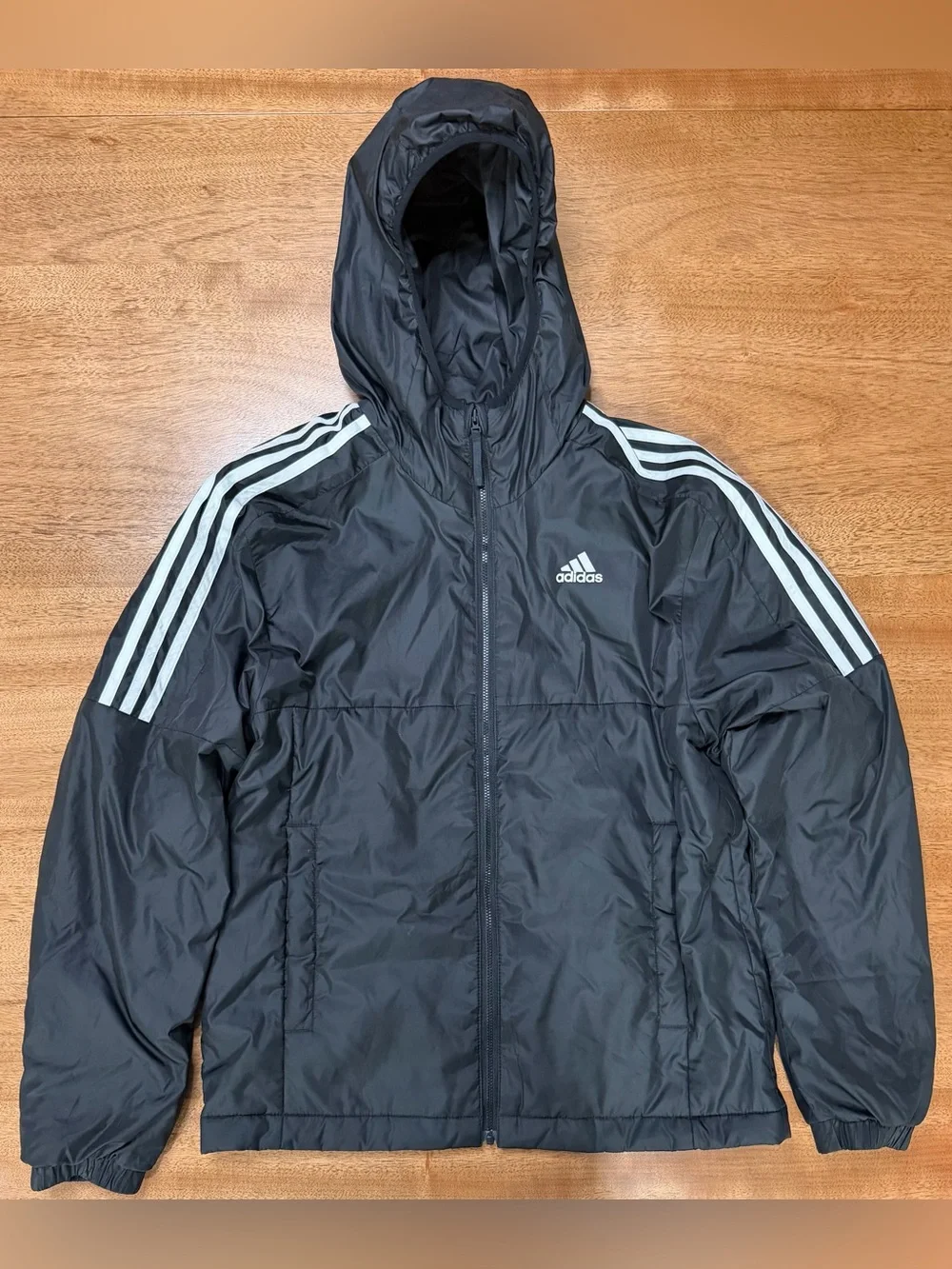adidas Black Hooded Puffer Jacket with White 3-Stripes